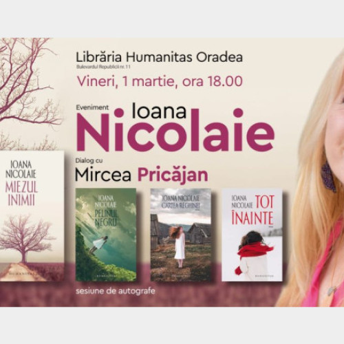 Ioana Nicolaie, în dialog cu Mircea Pricăjan, discută despre "Miezul inimii" și trilogia nordului la o întâlnire organizată de Editura Humanitas și revista "Familia" în București.