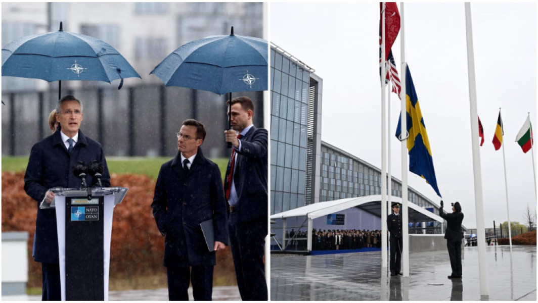Drapelul Suediei arborat la sediul NATO în semn de alăturare la Alianța Nord-Atlantică. Putin, înfrânt: aderarea confirmă consolidarea Alianței