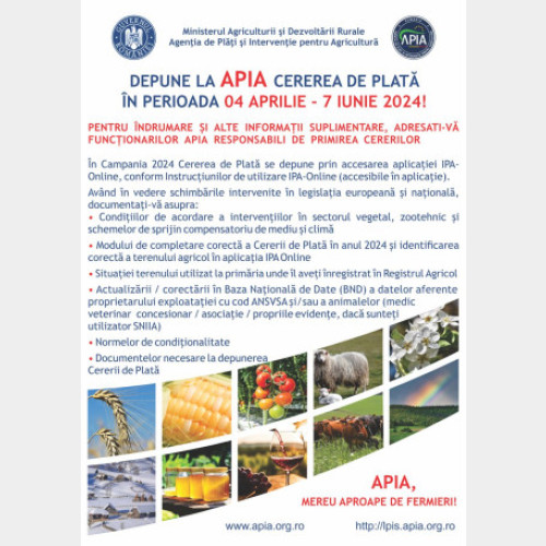 Start Campanie Primire Cereri Plată APIA în perioada 4 aprilie - 7 iunie pentru Agricultură 2024